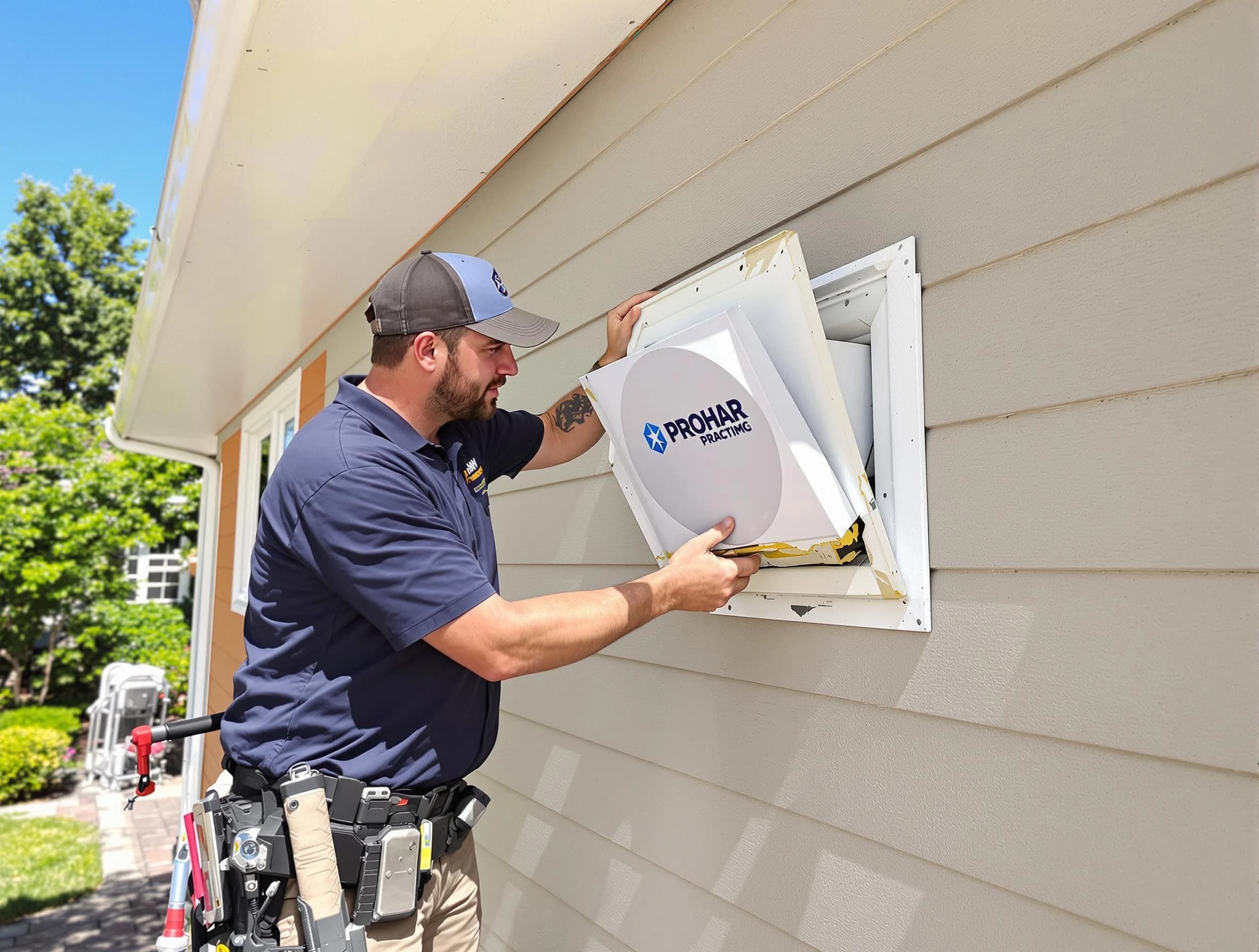 Columbine Dryer Vent Cleaning technician installing a new protective dryer vent cover on a home in Columbine