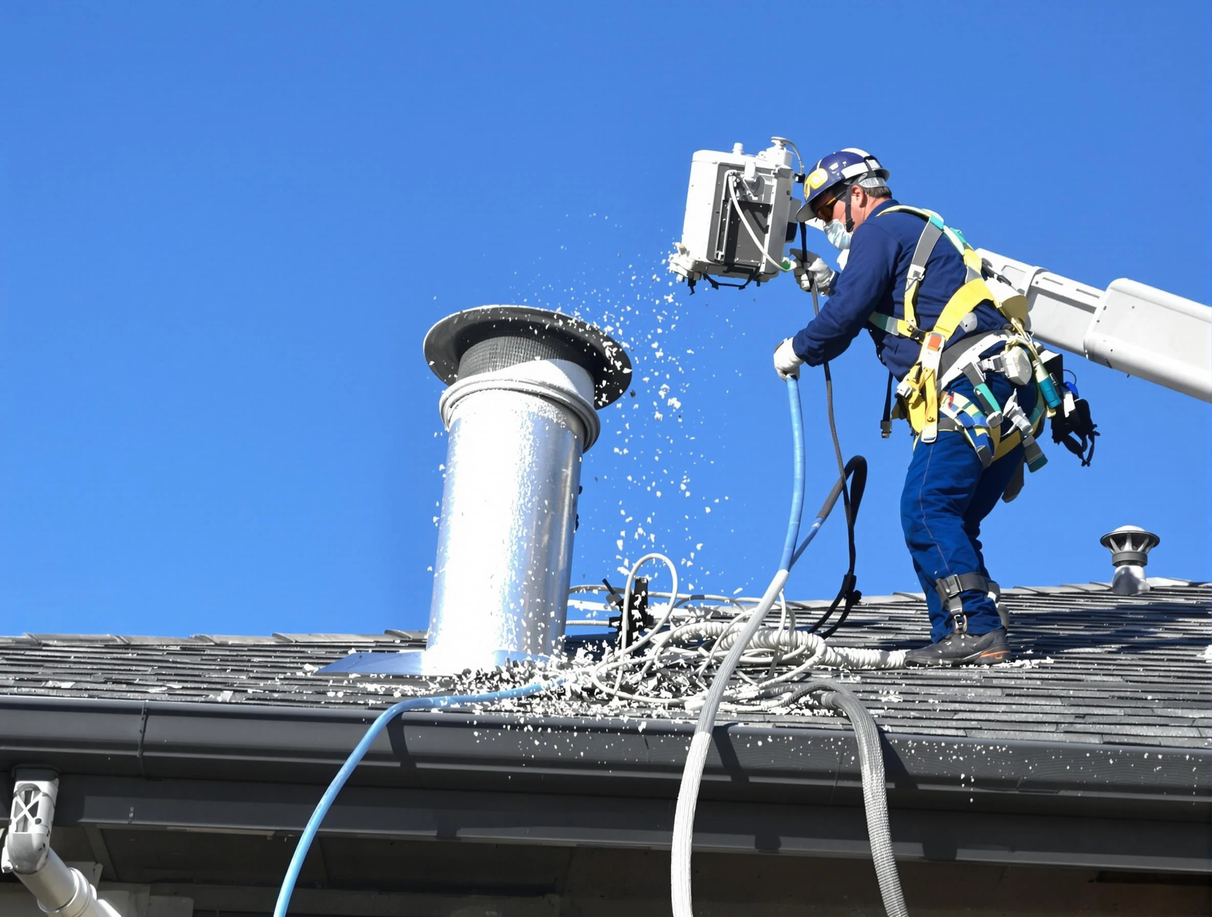 Columbine Dryer Vent Cleaning certified technician safely cleaning a roof-mounted dryer vent in Columbine